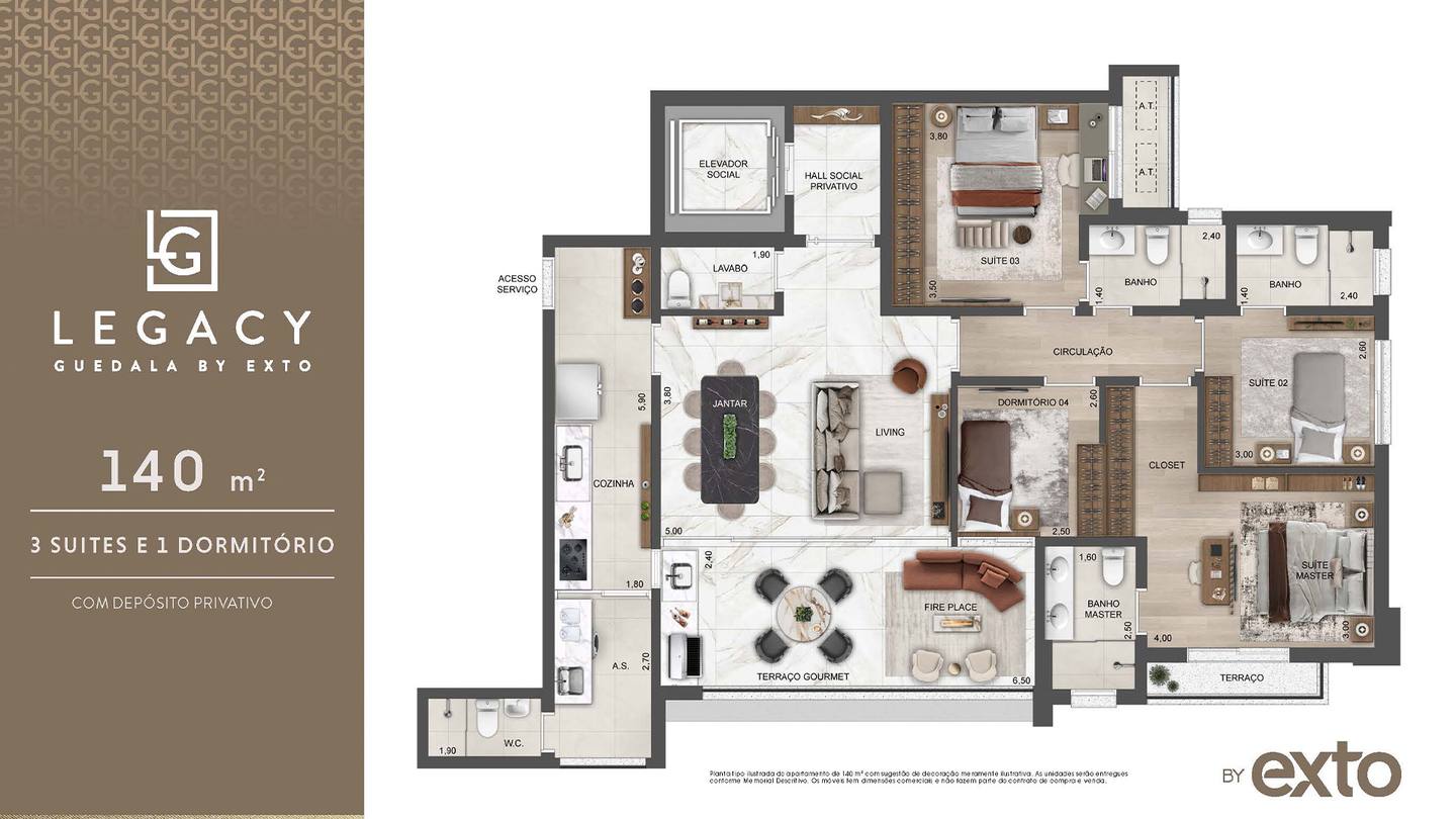 Planta 140 m² – 4 dorms. / 3 suítes do Legacy Guedala